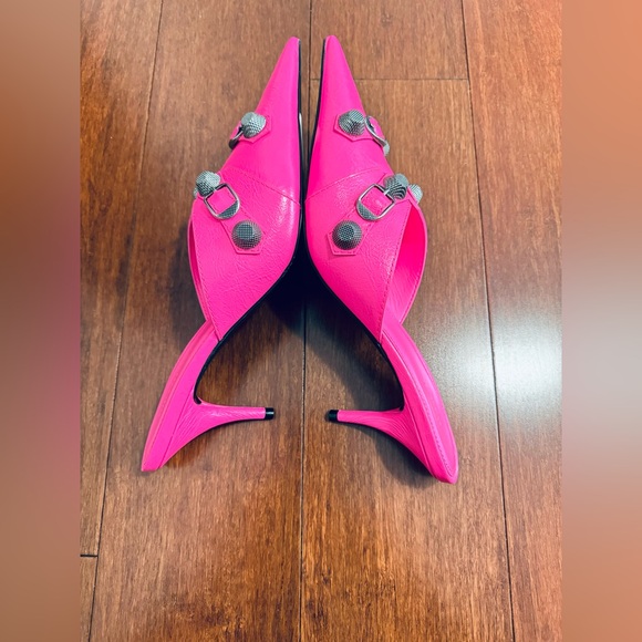 Final price Balenciaga Cagole leather pointed toe mule fluopink heels sandals 9 - Picture 4 of 12